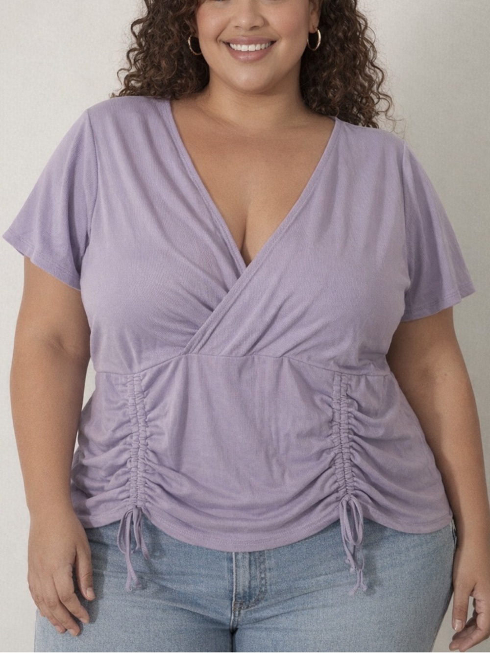 Forever 21 Plus- Lavender Ruched V-Neck Short Sleeve Top